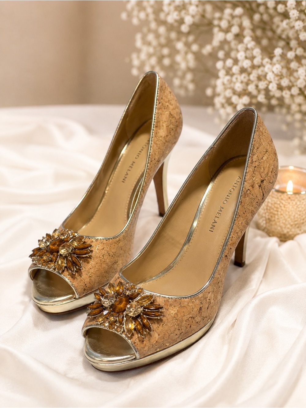 Antonio Melani Cork Peep Toe Platform Heels Gold Embellished Pumps Size 7M